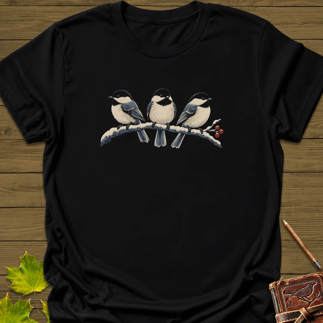 Winter Berry Chickadees T-Shirt in Black