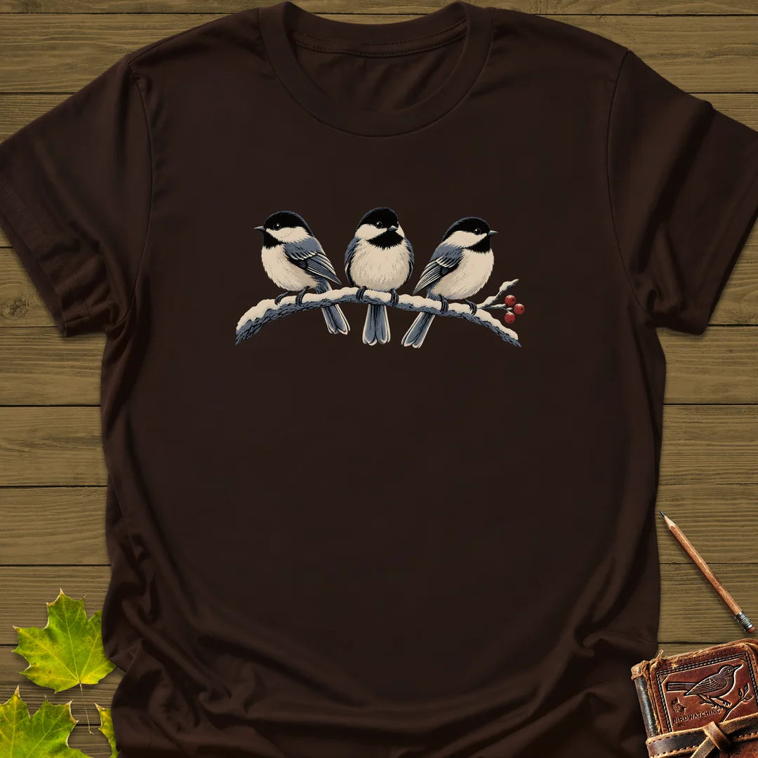 Winter Berry Chickadees T-Shirt in Dark Chocolate