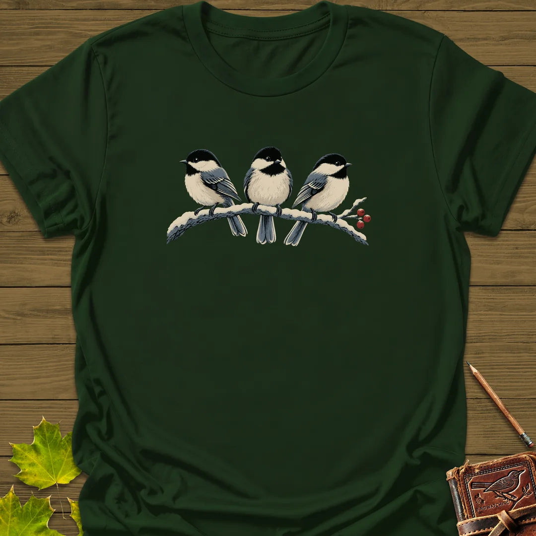 Winter Berry Chickadees T-Shirt in Forest Green