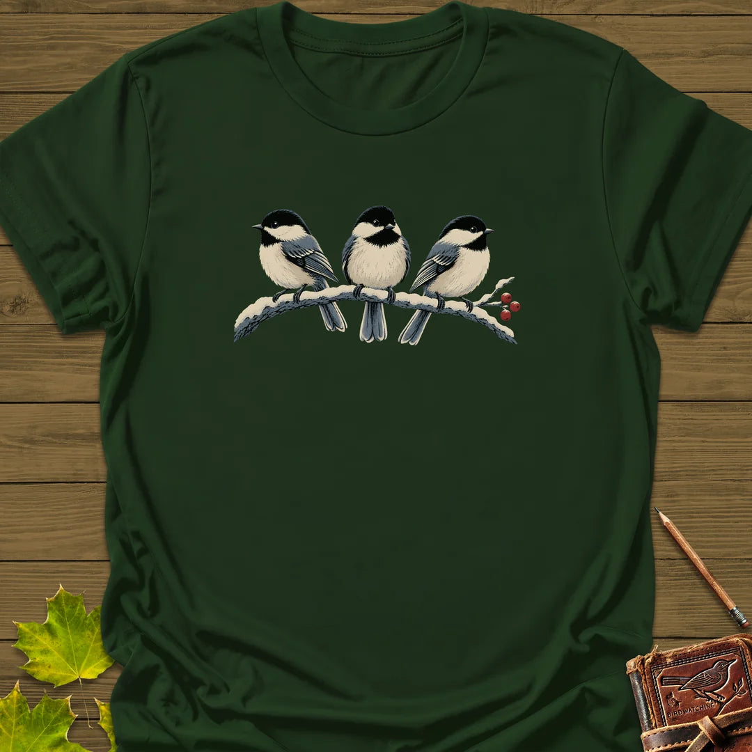 Winter Berry Chickadees T-Shirt in Forest Green