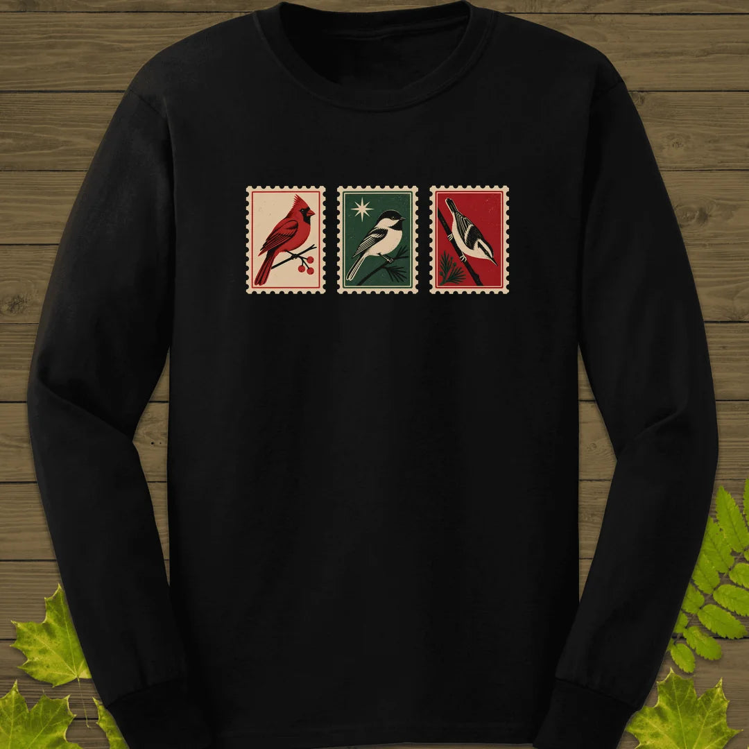 Postage Stamp Songbirds Long Sleeve in Black