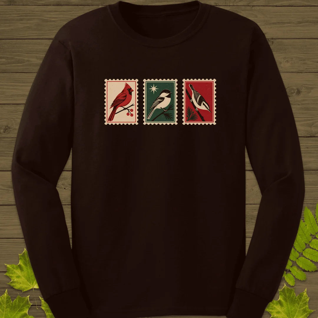 Postage Stamp Songbirds Long Sleeve in Dark Chocolate