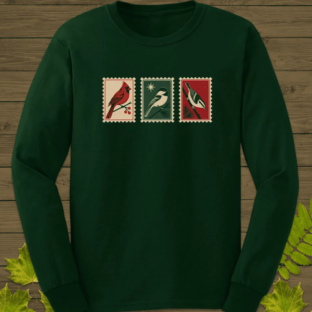 Postage Stamp Songbirds Long Sleeve in Forest Green