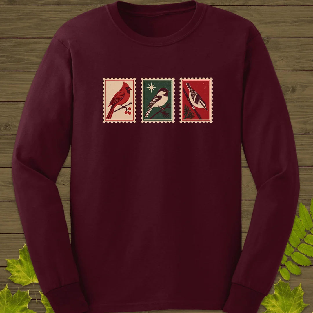Postage Stamp Songbirds Long Sleeve in Maroon