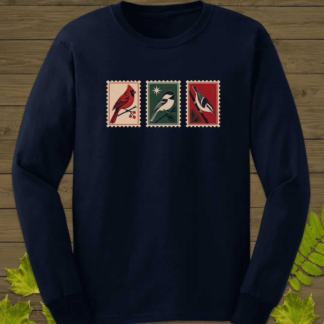 Postage Stamp Songbirds Long Sleeve in Navy