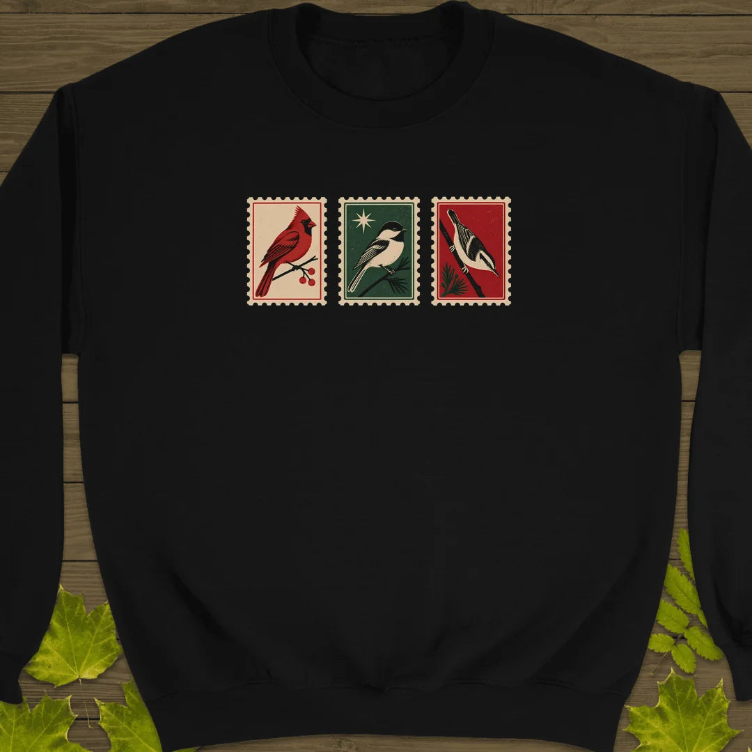 Postage Stamp Songbirds Sweatshirt in Black