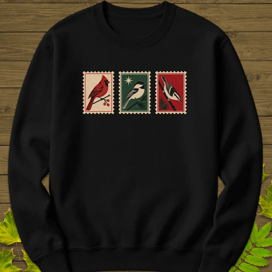 Postage Stamp Songbirds Sweatshirt in Black
