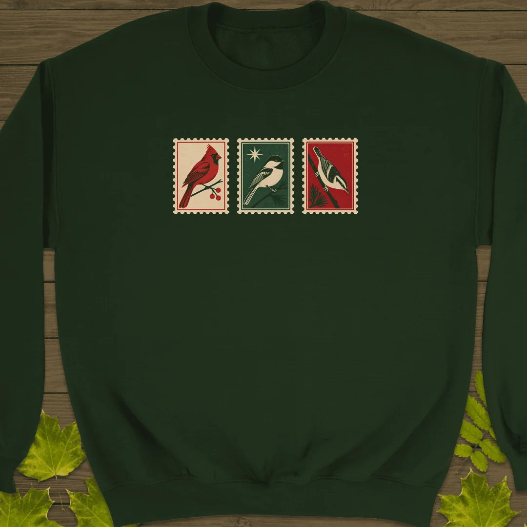 Postage Stamp Songbirds Sweatshirt in Forest Green