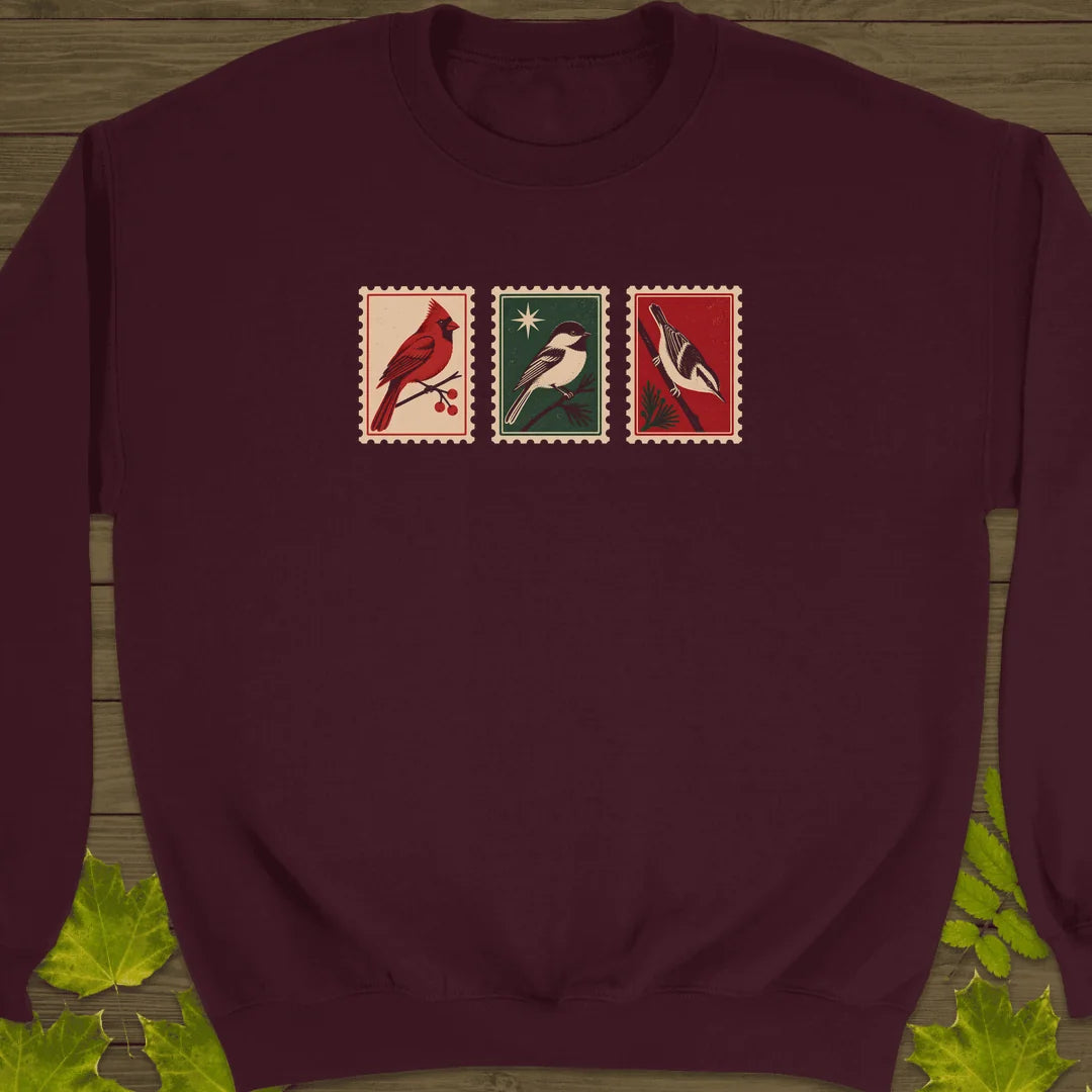 Postage Stamp Songbirds Sweatshirt in Maroon