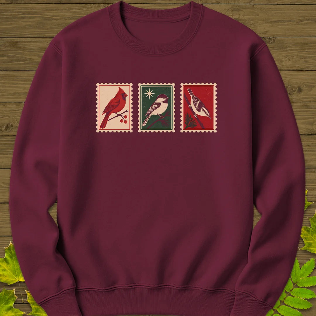 Postage Stamp Songbirds Sweatshirt in Maroon