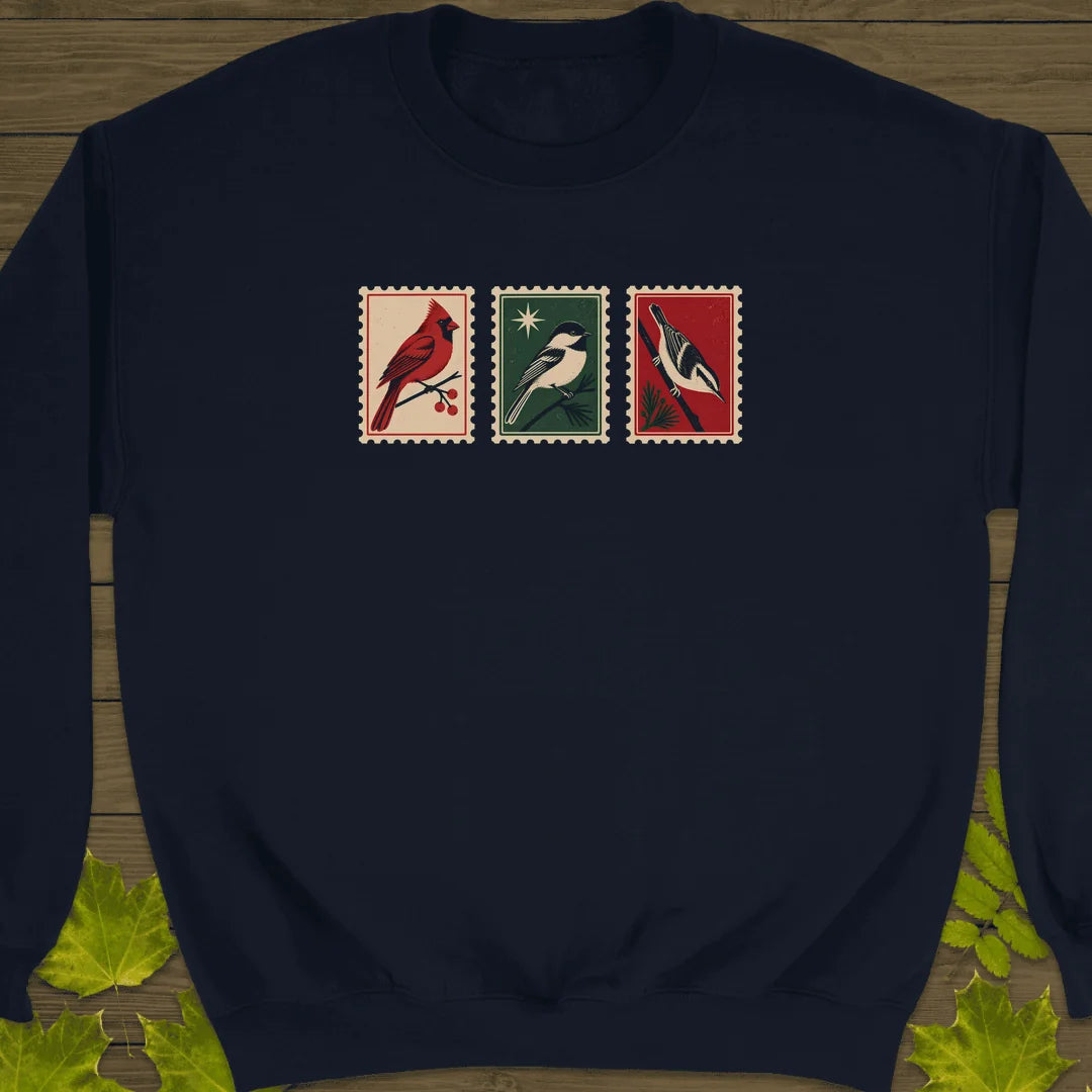 Postage Stamp Songbirds Sweatshirt in Navy