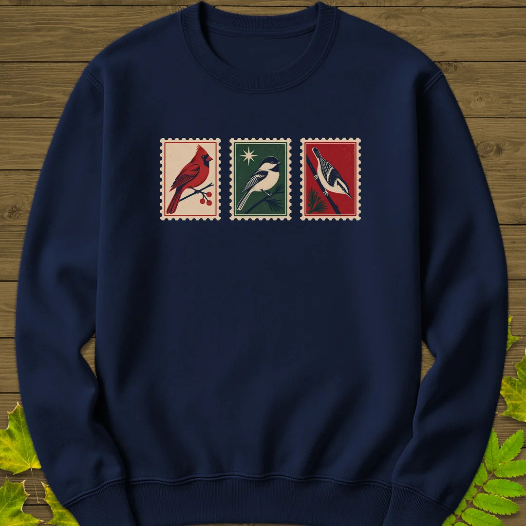 Postage Stamp Songbirds Sweatshirt in Navy