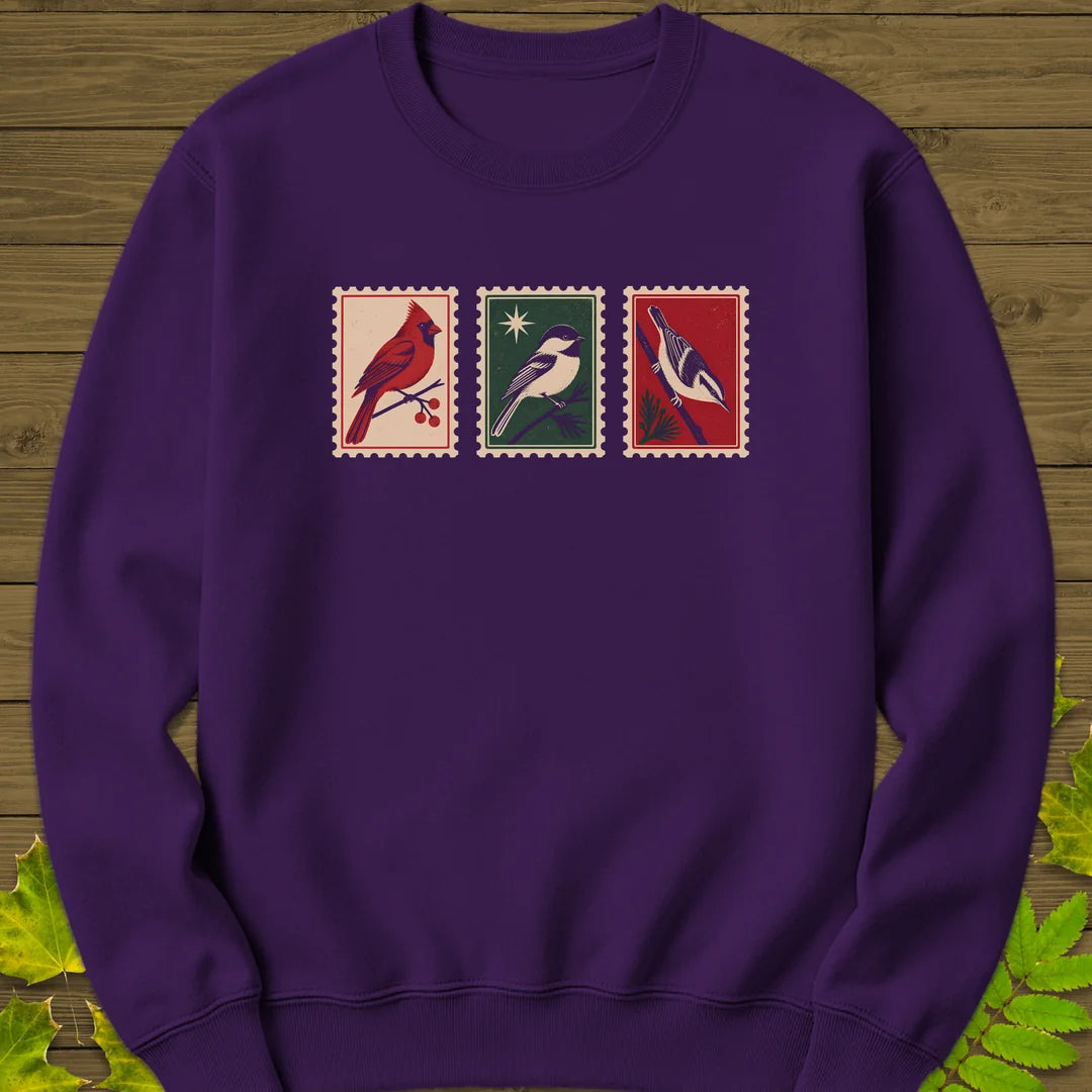 Postage Stamp Songbirds Sweatshirt in Purple