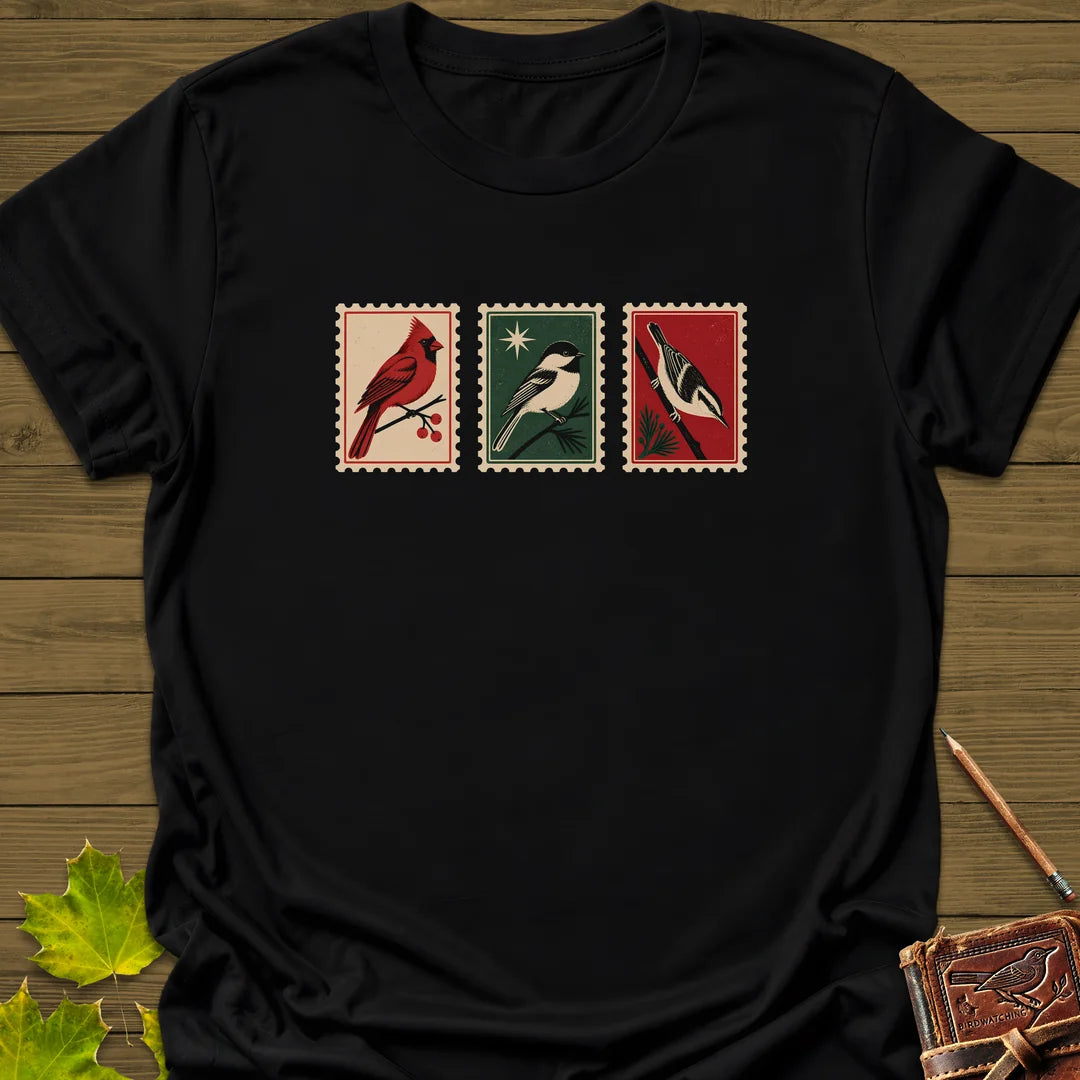 Postage Stamp Songbirds T-Shirt in Black