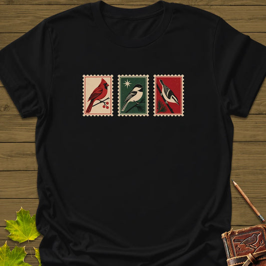 Postage Stamp Songbirds T-Shirt in Black