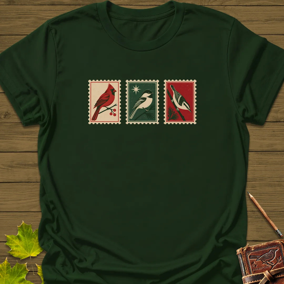 Postage Stamp Songbirds T-Shirt in Forest Green