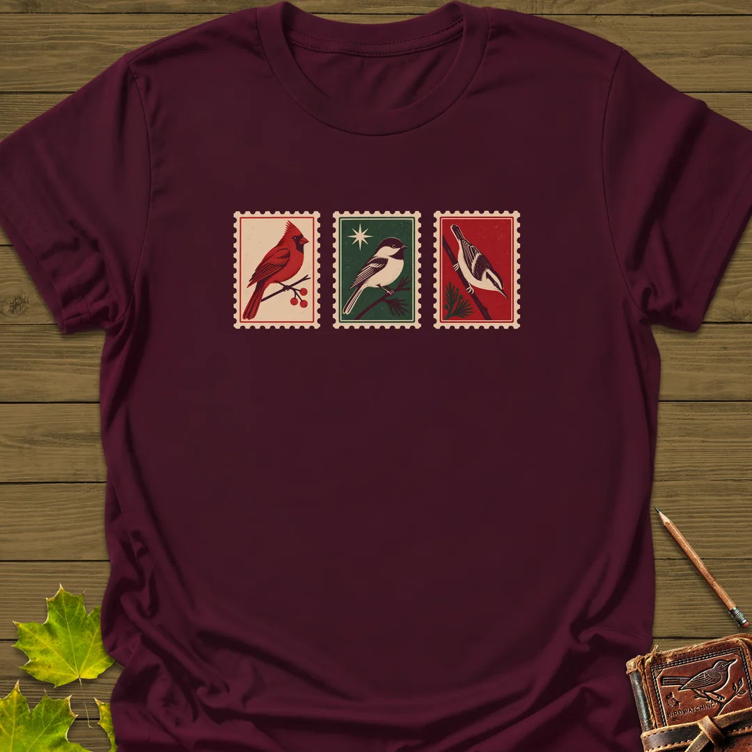 Postage Stamp Songbirds T-Shirt in Maroon