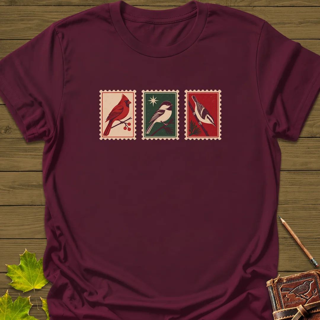 Postage Stamp Songbirds T-Shirt in Maroon