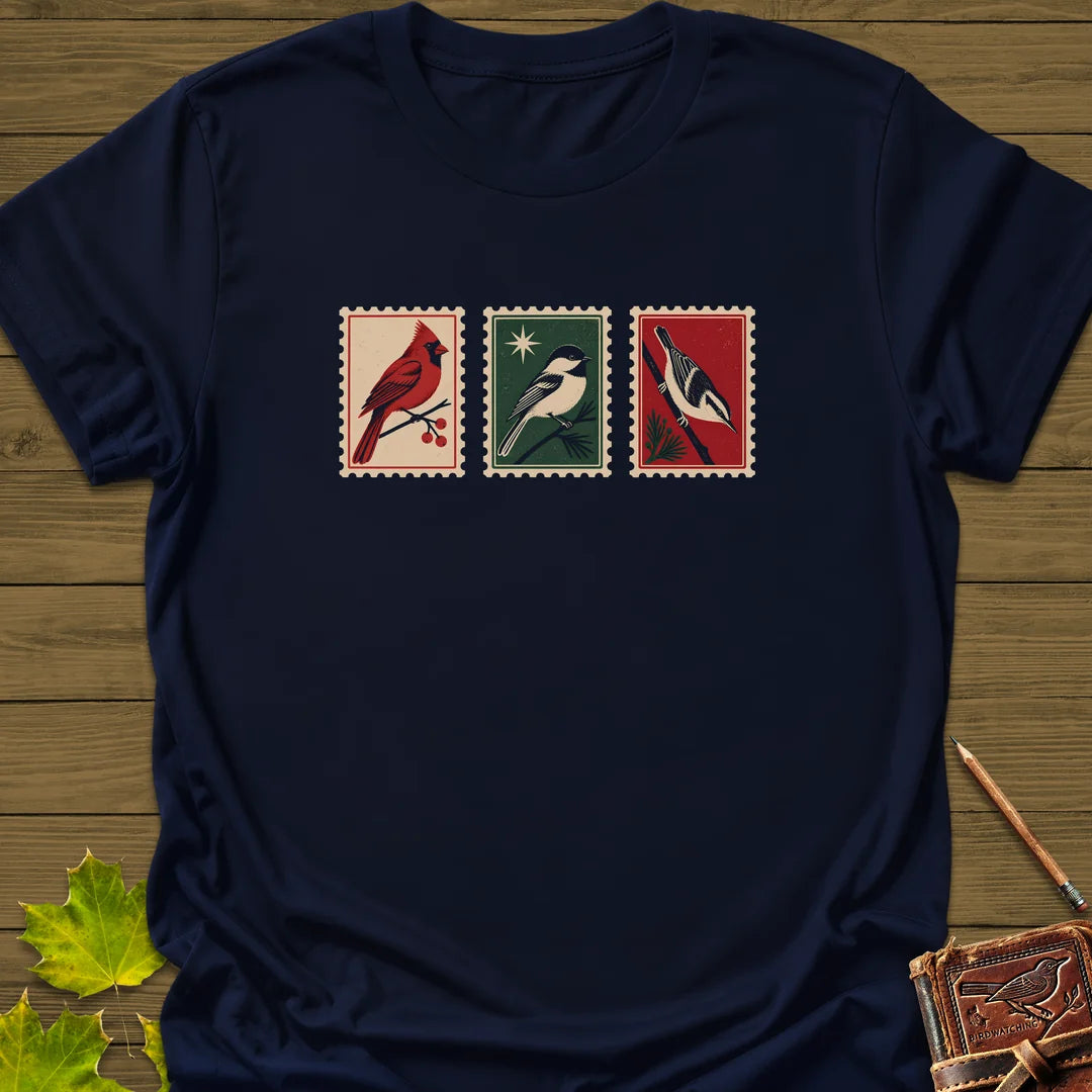 Postage Stamp Songbirds T-Shirt in Navy