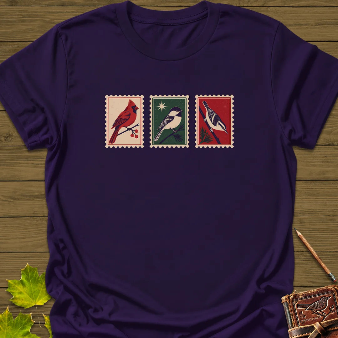 Postage Stamp Songbirds T-Shirt in Purple