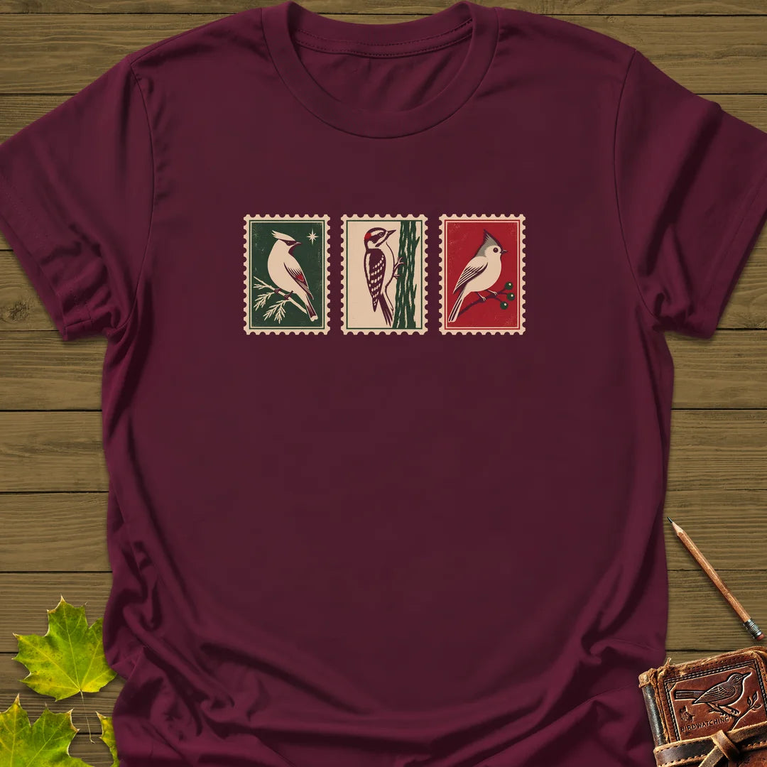 Winter Postage Trio T-Shirt in Maroon