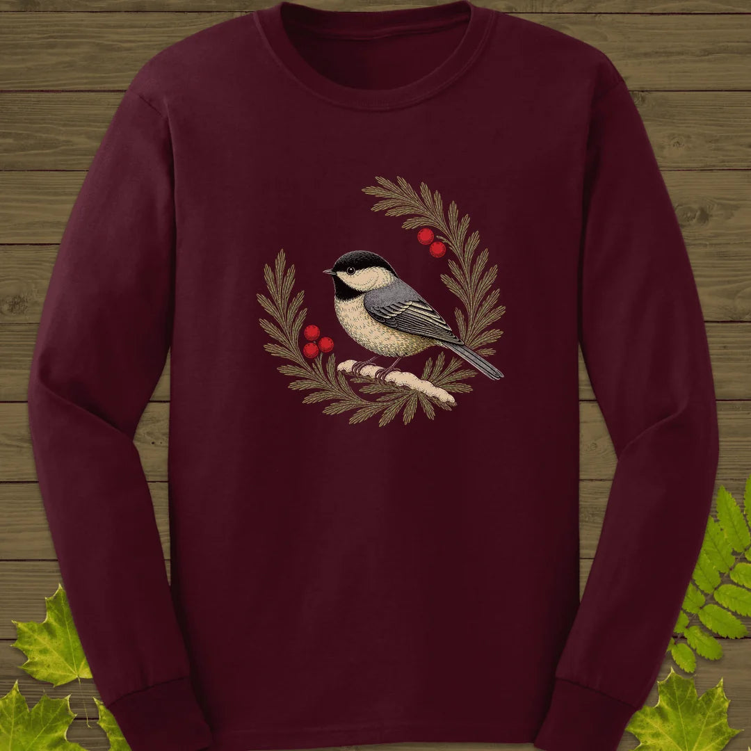 Winterberry Chickadee Long Sleeve in Maroon