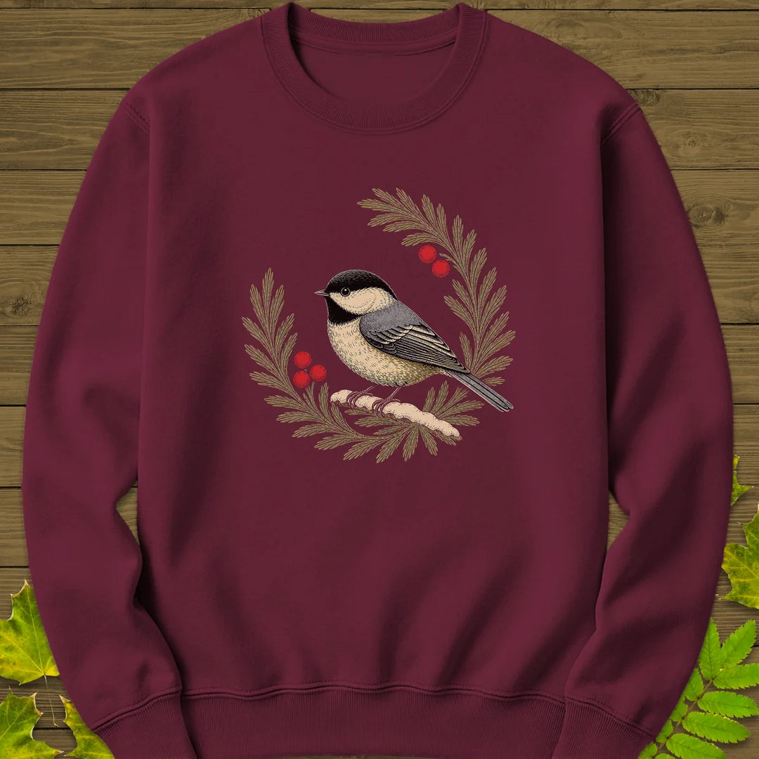 Chickadee Wreath Sweatshirt in Maroon