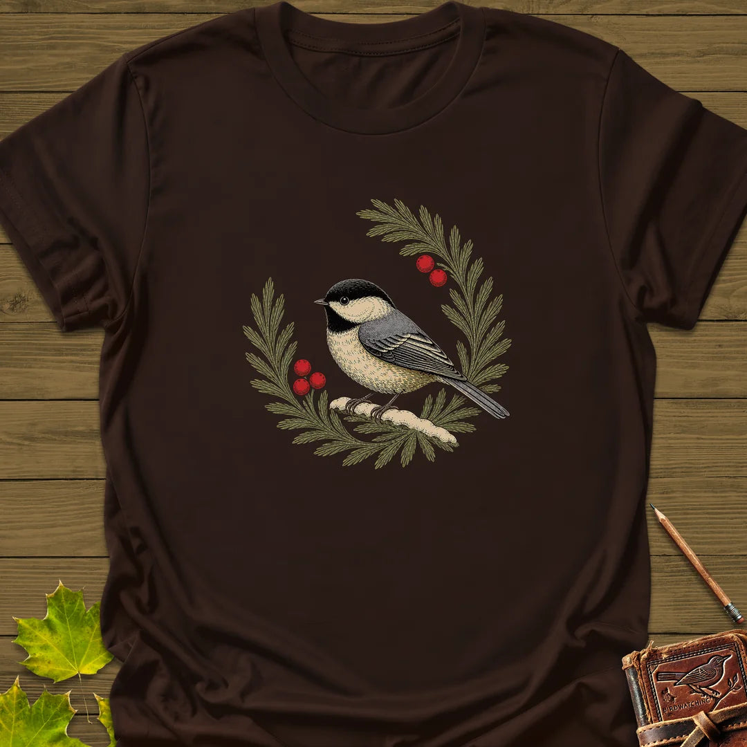 Chickadee Wreath T-Shirt in Dark Chocolate
