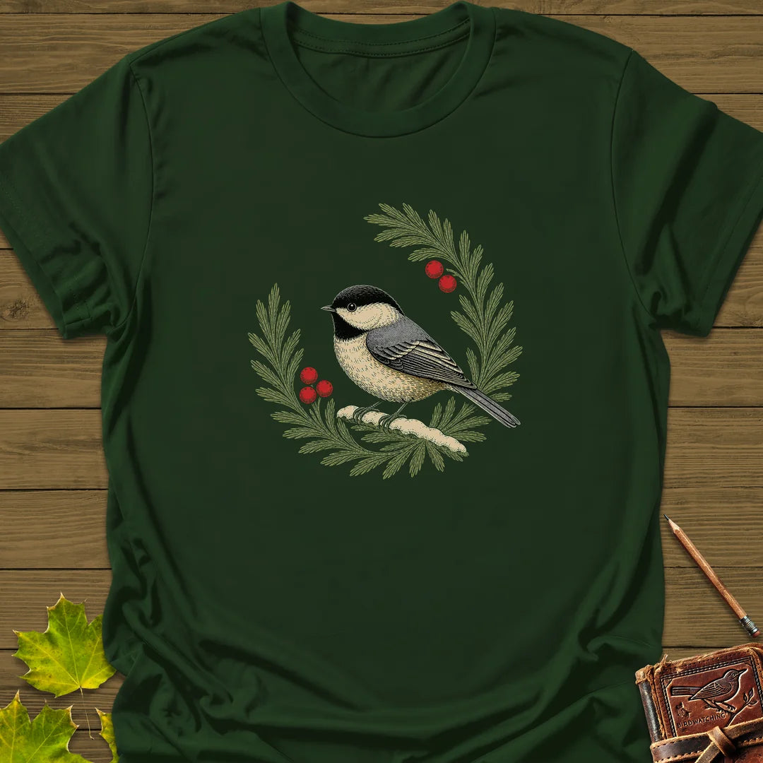 Chickadee Wreath T-Shirt in Forest Green