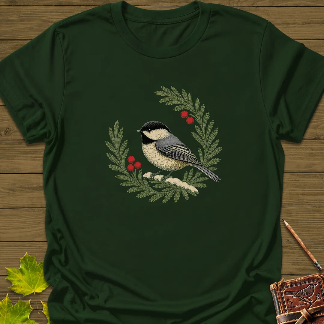 Winterberry Chickadee T-Shirt in Forest Green