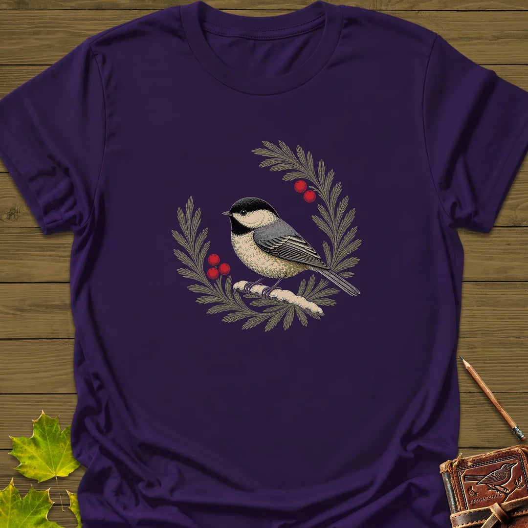 Chickadee Wreath T-Shirt in Purple