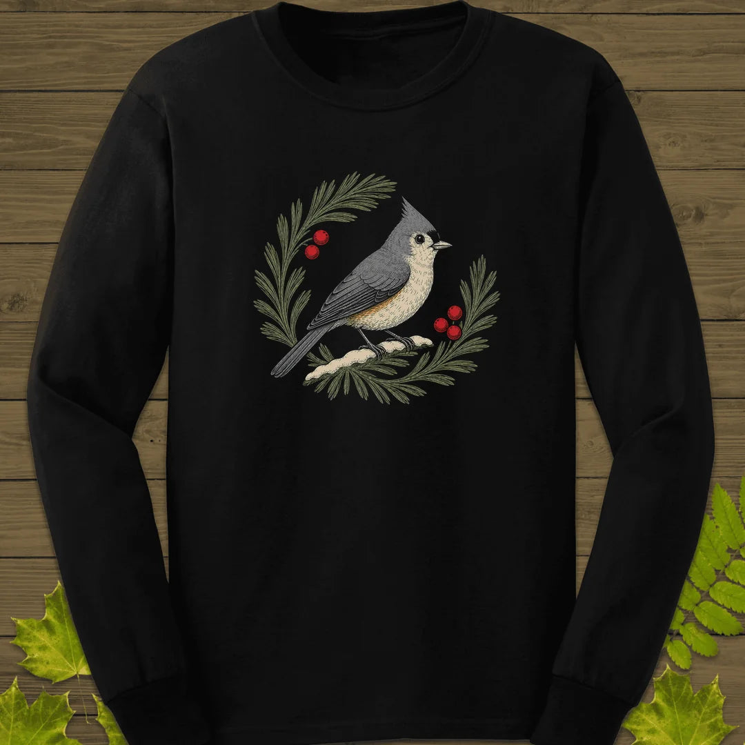 Tufted Titmouse Sprig Long Sleeve in Black