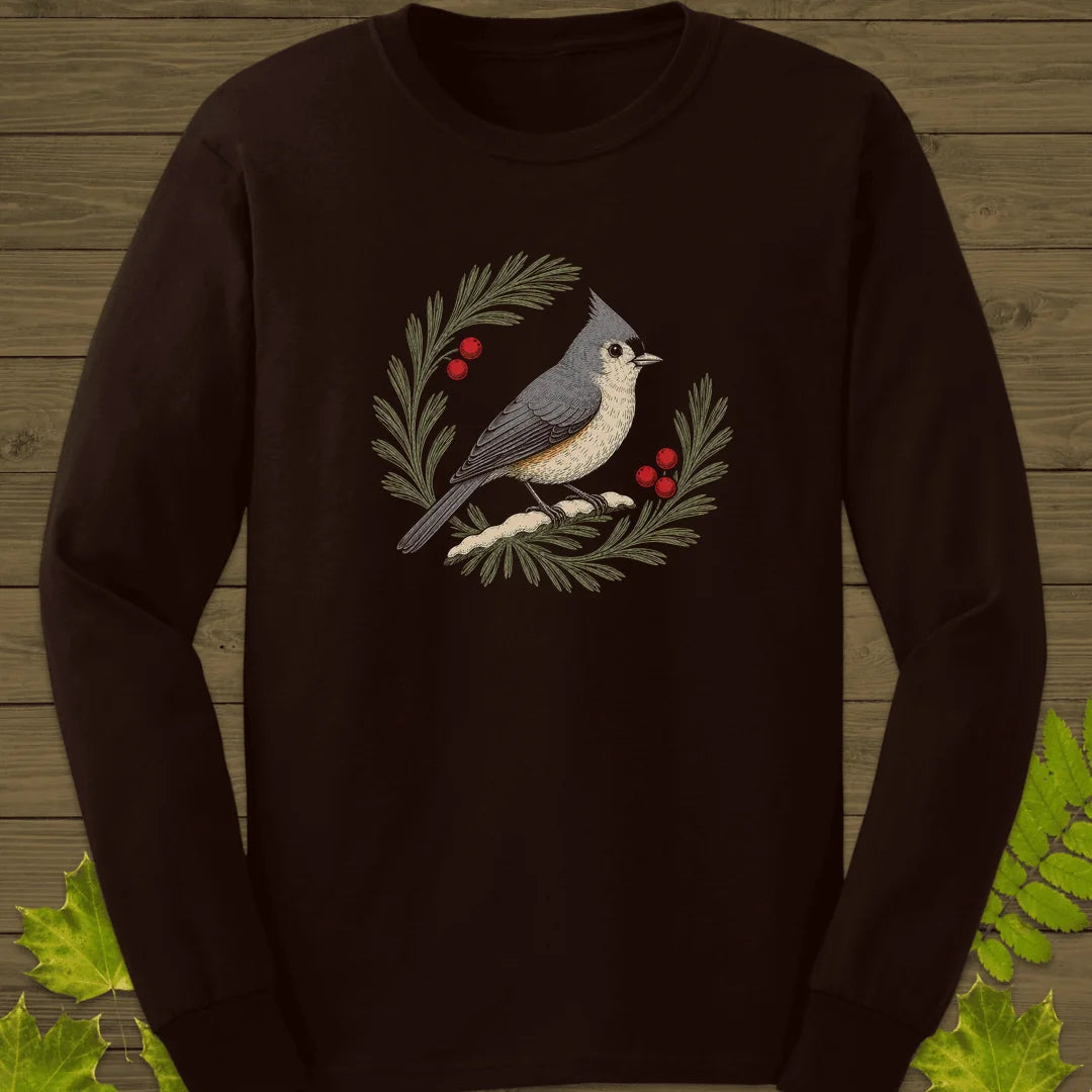 Tufted Titmouse Sprig Long Sleeve in Dark Chocolate