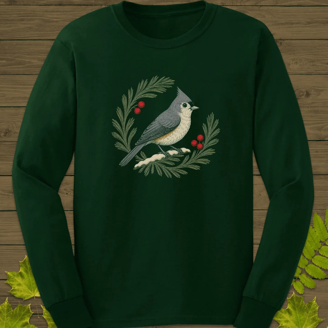 Tufted Titmouse Sprig Long Sleeve in Forest Green