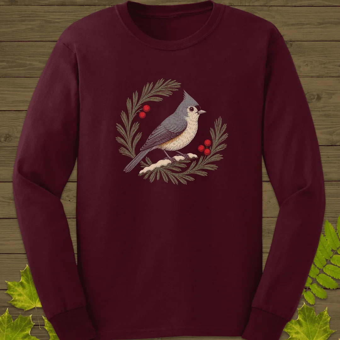 Tufted Titmouse Sprig Long Sleeve in Maroon