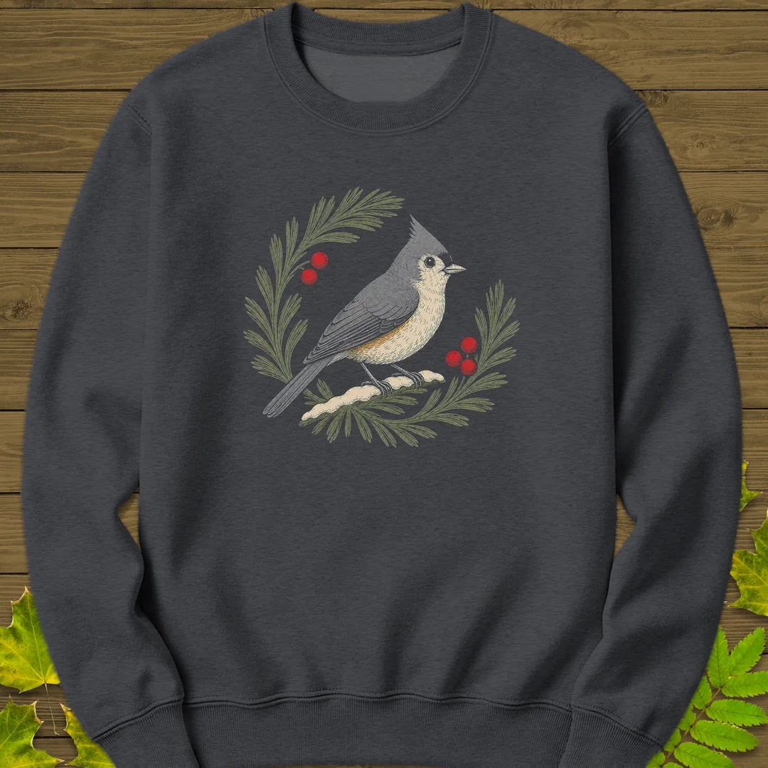 Tufted Titmouse Sprig Sweatshirt in Dark Heather