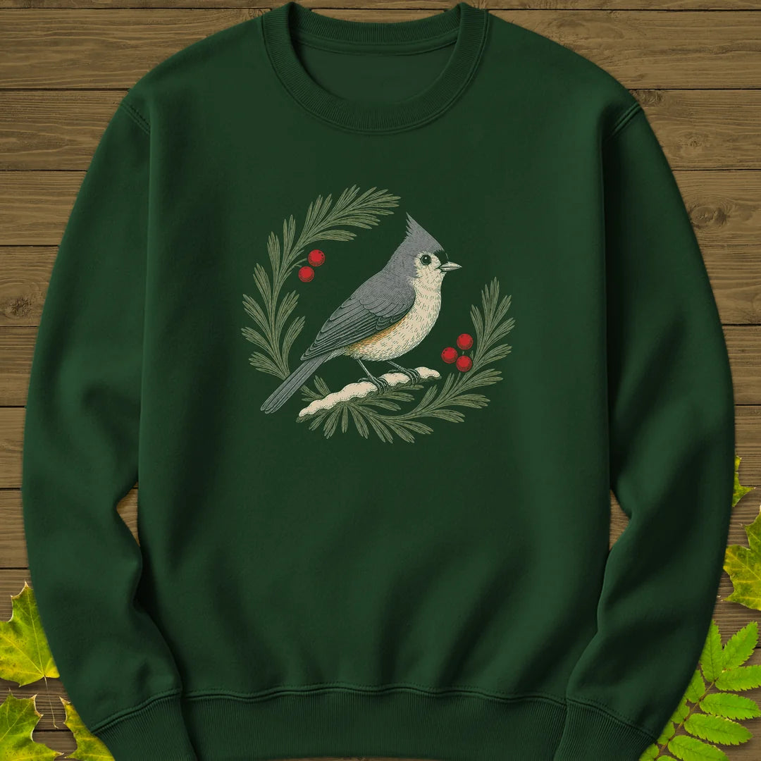 Tufted Titmouse Sprig Sweatshirt in Forest Green
