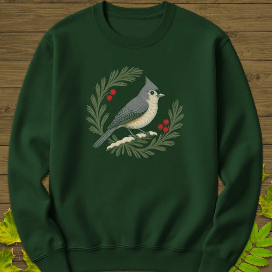 Tufted Titmouse Sprig Sweatshirt in Forest Green