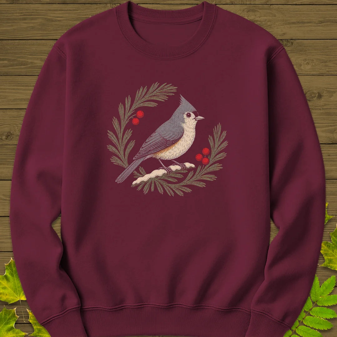 Tufted Titmouse Sprig Sweatshirt in Maroon