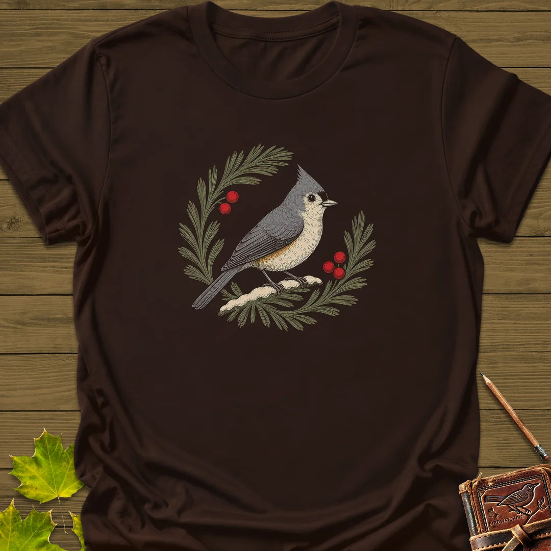Tufted Titmouse Sprig T-Shirt in Dark Chocolate