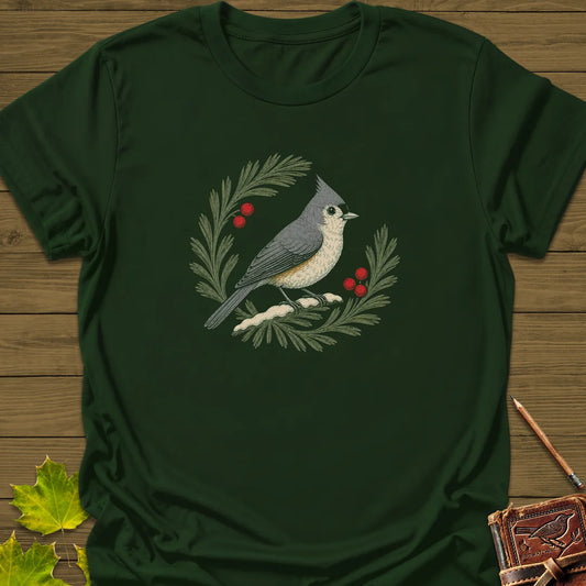 Tufted Titmouse Sprig T-Shirt in Forest Green