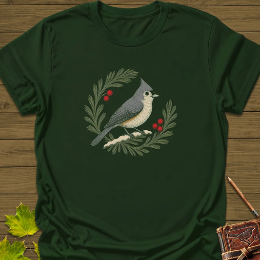 Tufted Titmouse Sprig T-Shirt in Forest Green