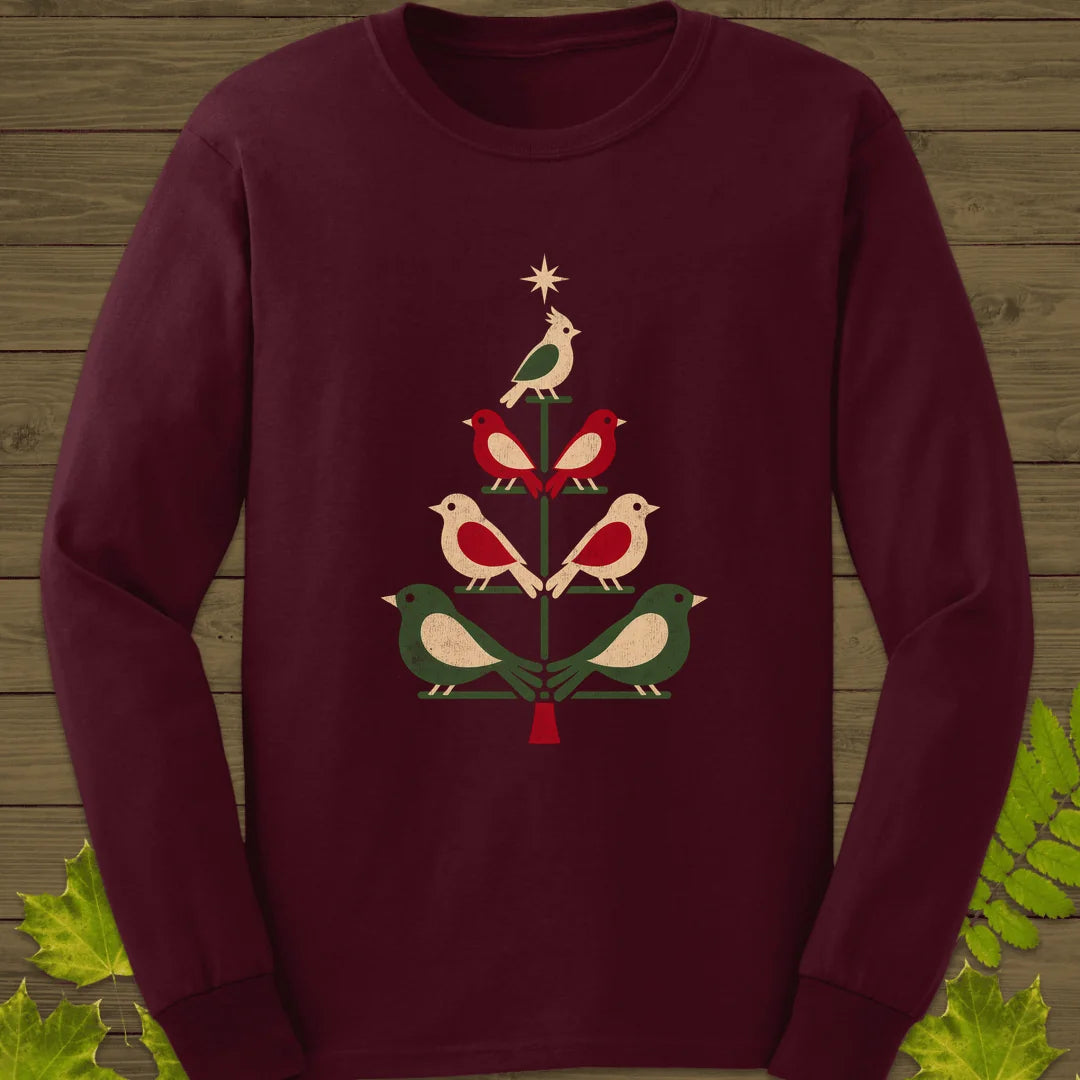 Bird Tree Ornaments Long Sleeve in Maroon