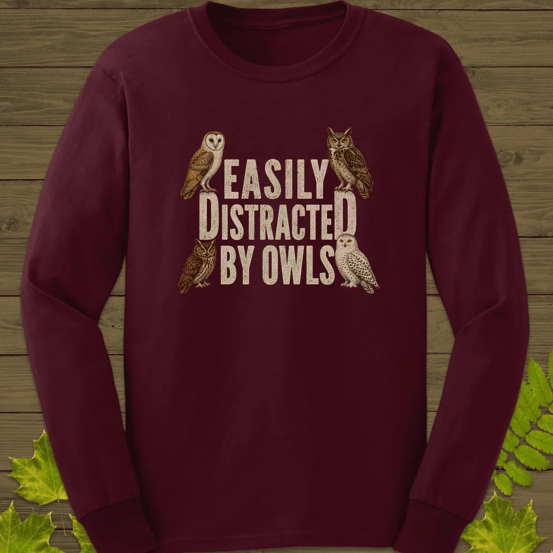 Easily Distracted By Owls Long Sleeve in Maroon