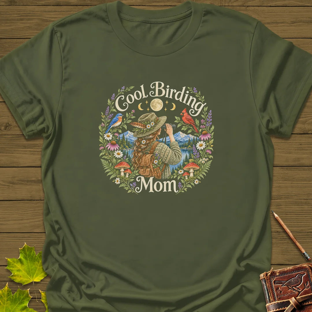 Wildflower Birding Mom T-Shirt in Military Green