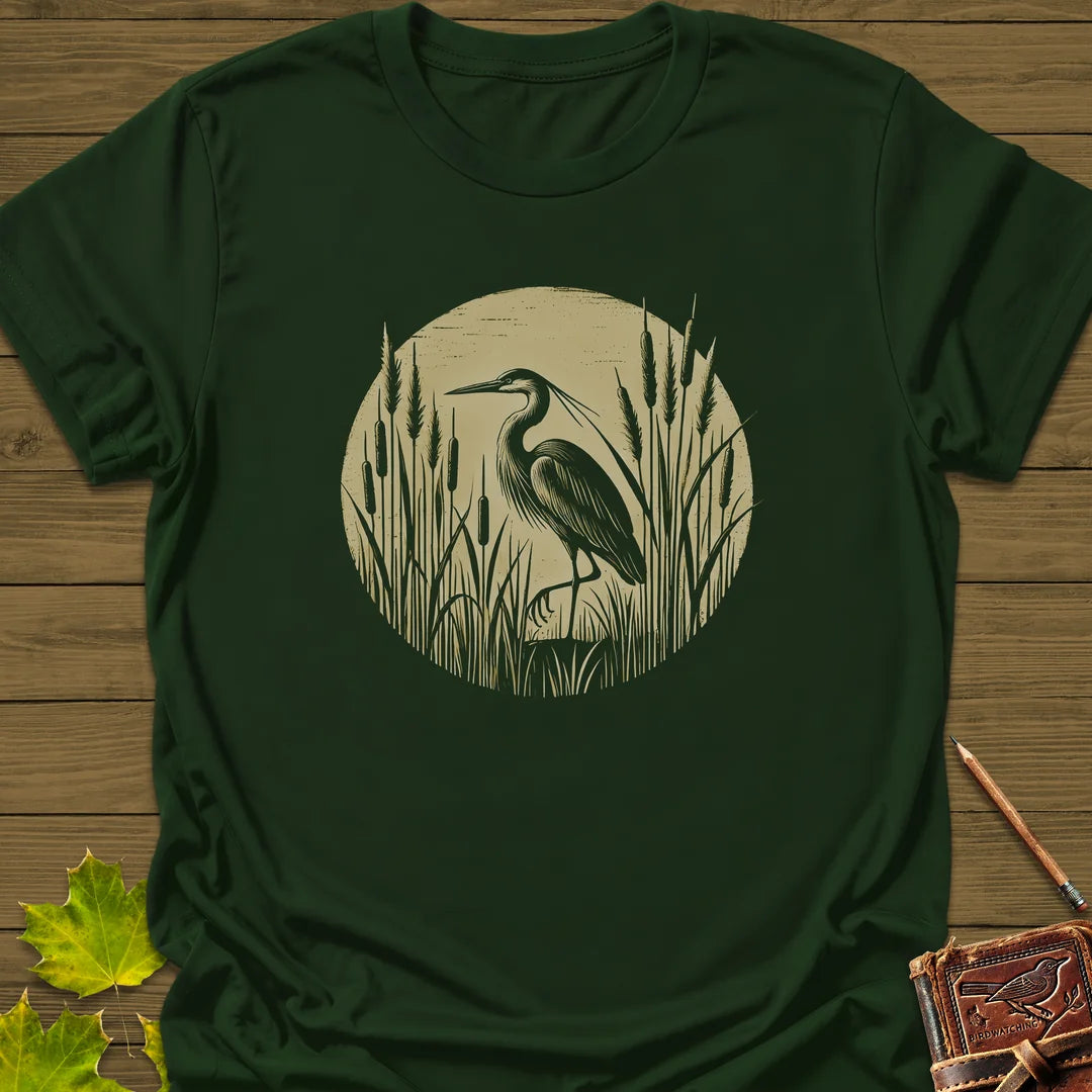 Rustic Wildlife Heron T-Shirt in Forest Green