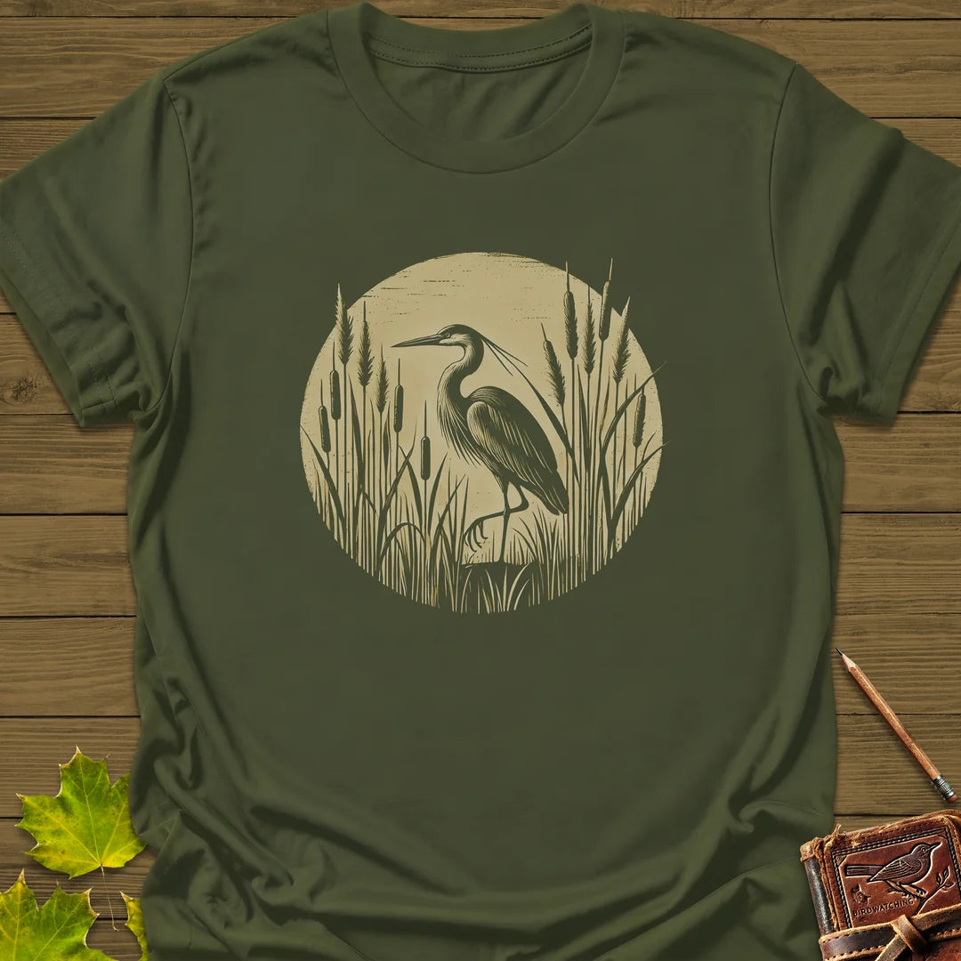 Rustic Wildlife Heron T-Shirt in Military Green