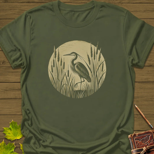Rustic Wildlife Heron T-Shirt in Military Green