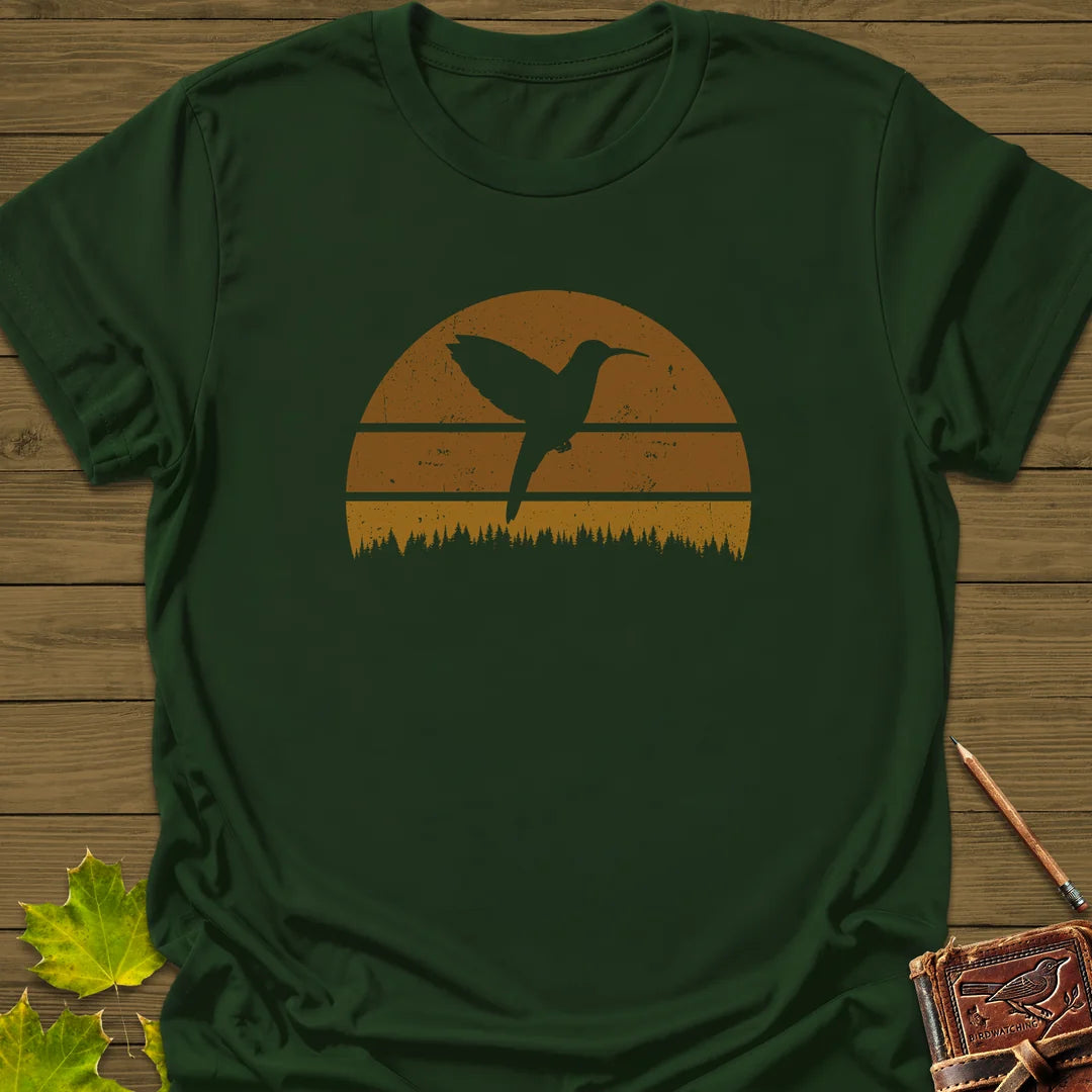 Retro Sunset Hummingbird T-Shirt in Forest Green