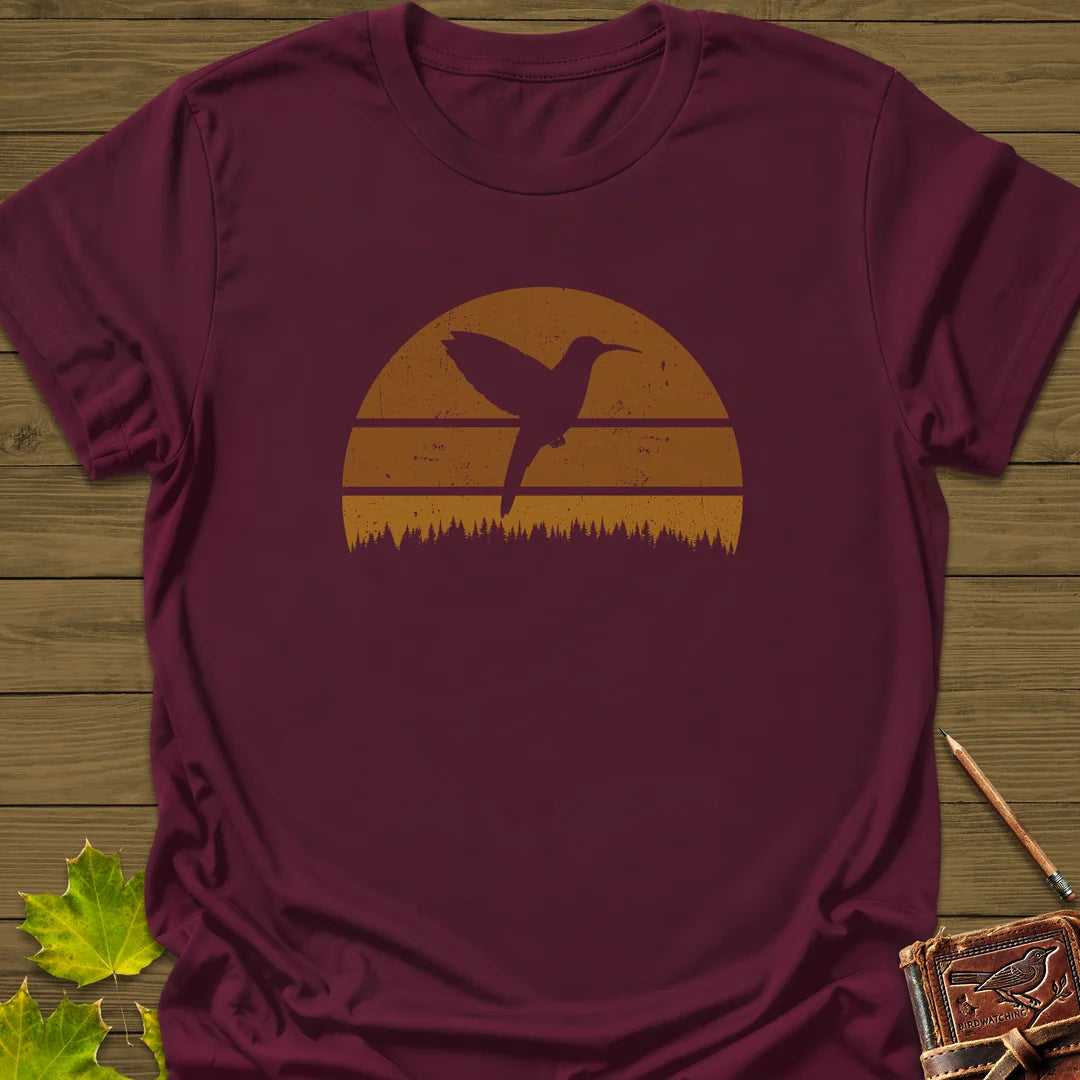 Retro Sunset Hummingbird T-Shirt in Maroon